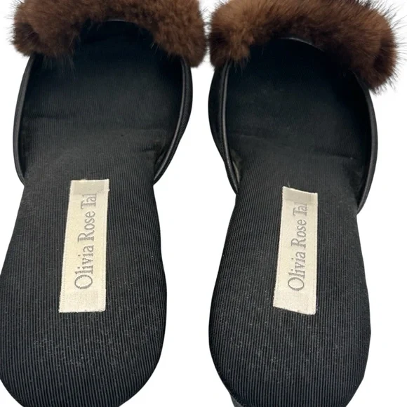 Olivia Rose Tal Black Wedge Mules with Brown Fur sz 9 Vintage - Picture 10 of 11